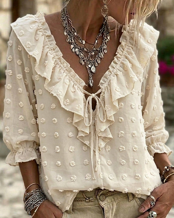 V-Neck Three-Dimensional Printed Puff Sleeves Blouse
