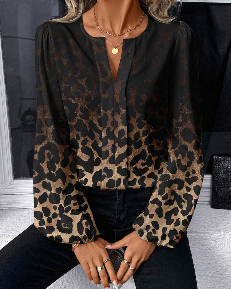 Puff-Sleeved Gradient Leopard Print Shirt