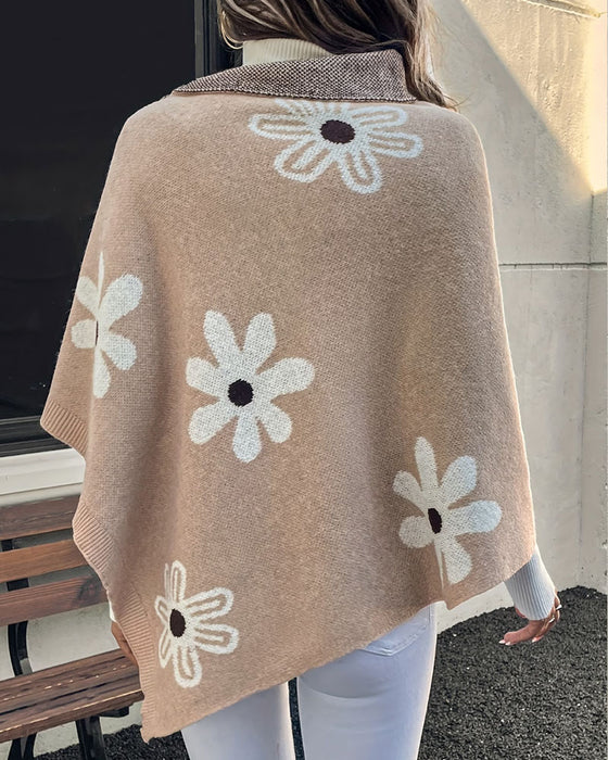 Daisy Print Side Button Shawl Sweater Pullover