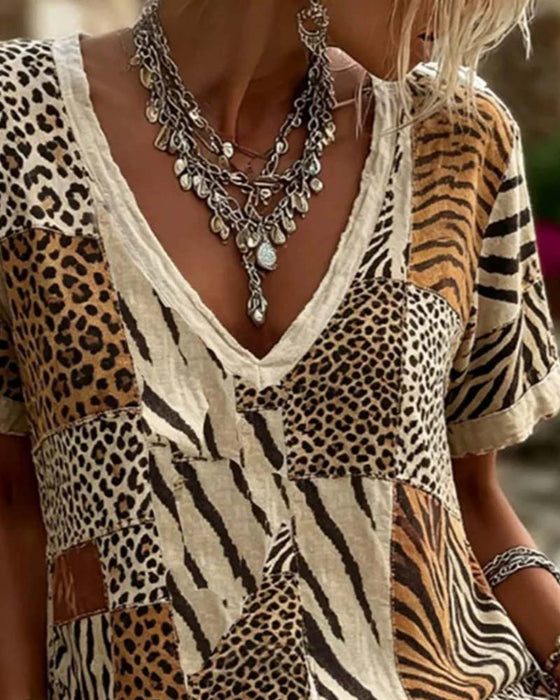 Animal Print Patchwork V-Neck Short Sleeve T-Shirt
