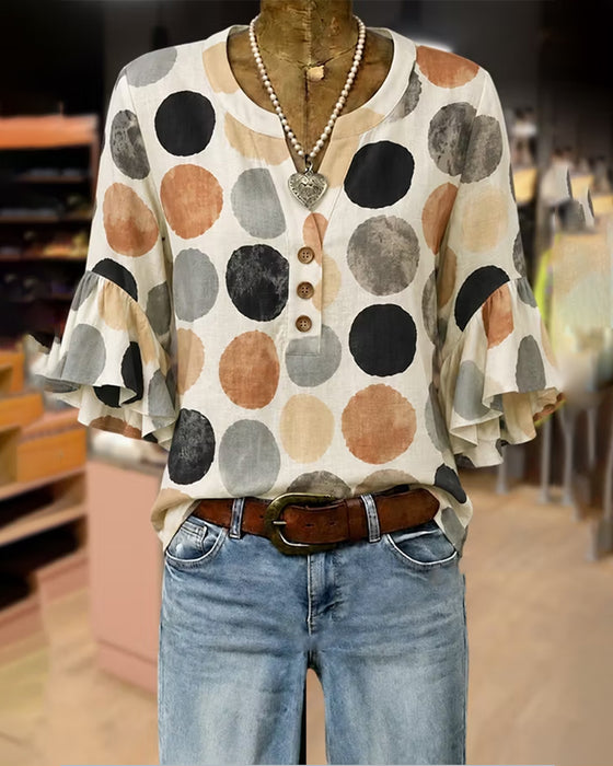 Large Polka Dot Ruffle V-Neck Blouse