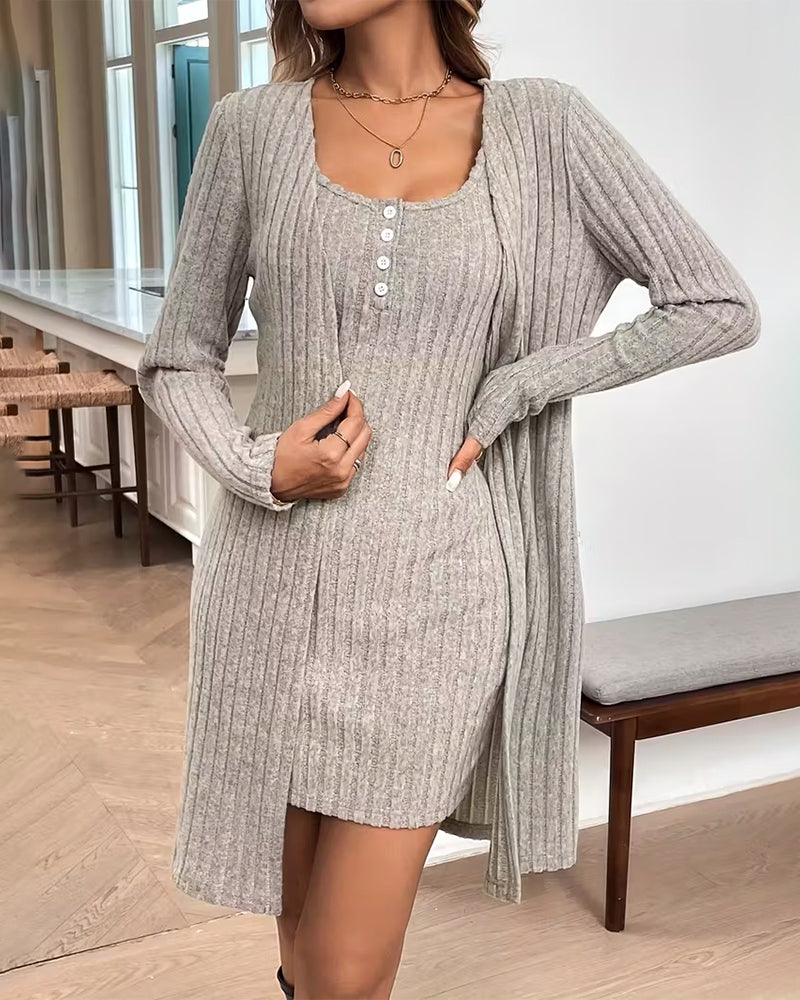 Ribbed Cardigan Vest Dress Set