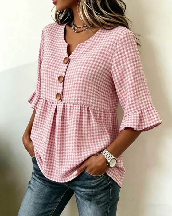 Houndstooth Three-Button Casual Blouse