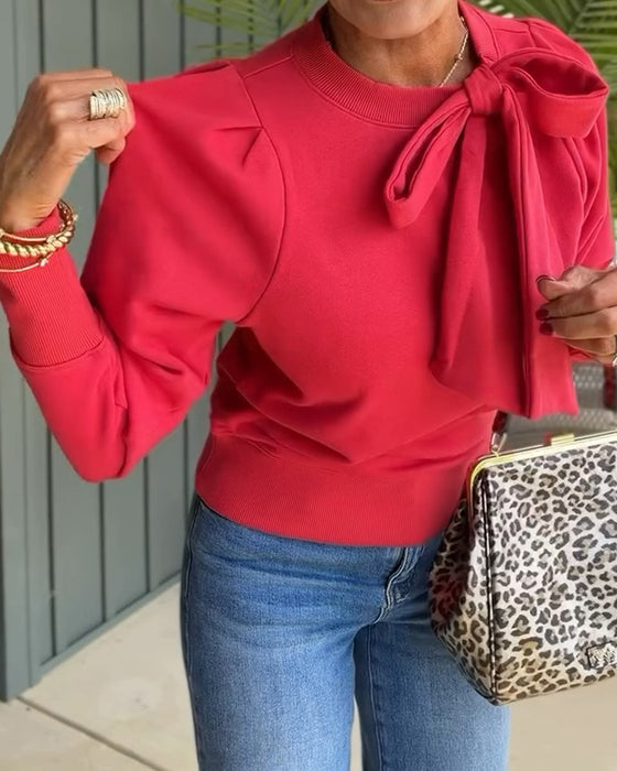Bow Tie Puff Sleeve Sweatshirt