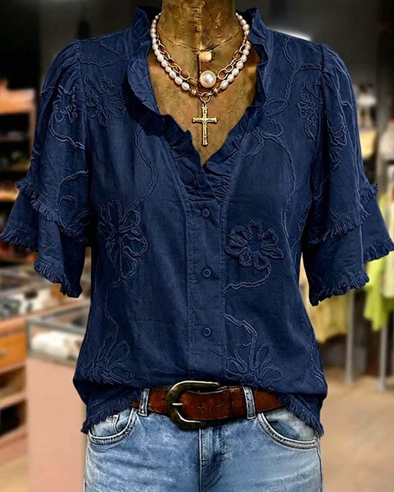 Fringed Hem Puff Sleeve Blouse