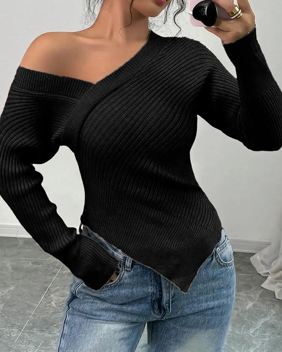 One Shoulder Solid Color Pullover