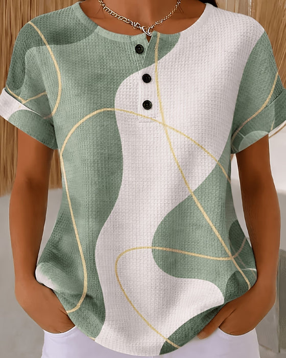 Color Contrast Line Button Crew Neck Blouse