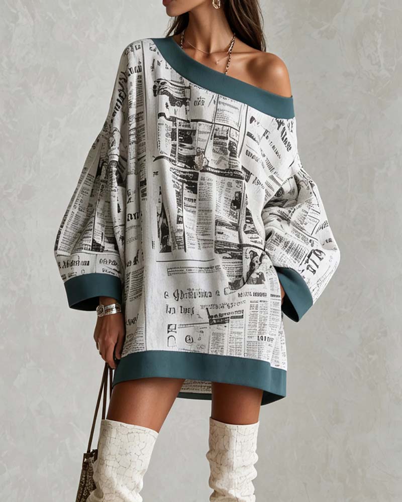 Off-Shoulder Batwing Sleeve Print Dress