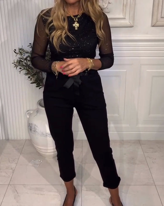 Long-Sleeved Sequined Patchwork Top