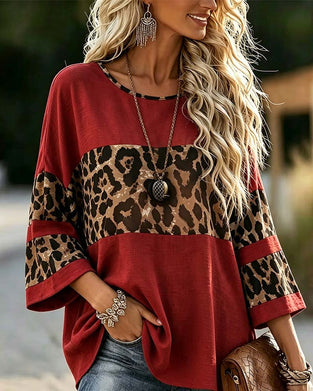 Crew Neck Leopard Color-Block Top