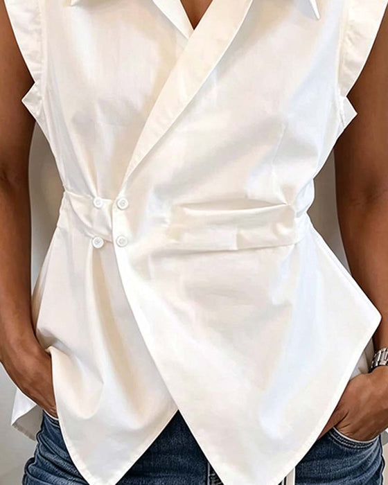Waist-Cinched Sleeveless Cross Button Blouses