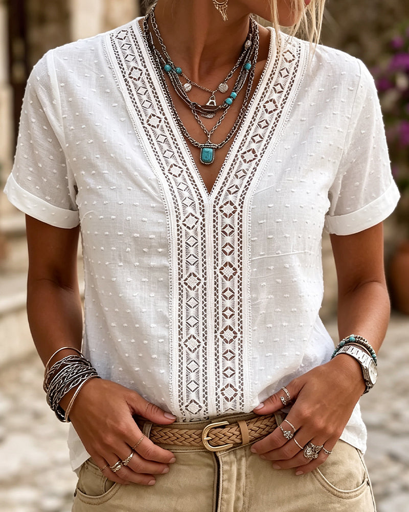 V-Neck Diamond Cutout 3D Floral Solid Blouse