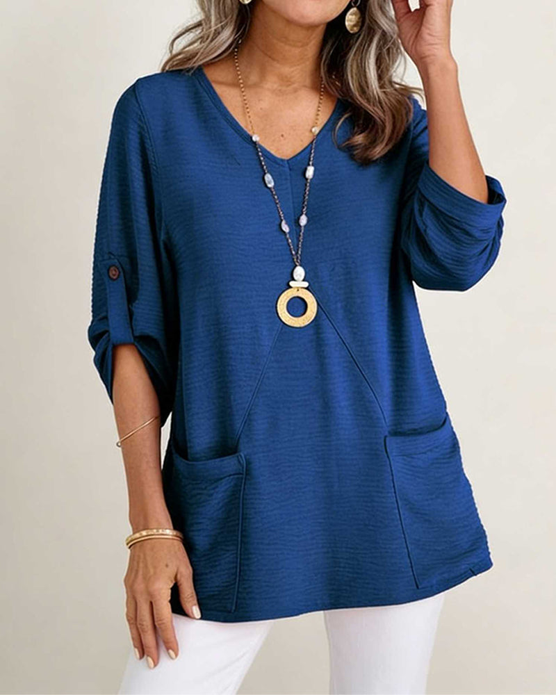V-Neck Loose-Fitting Pocket Top