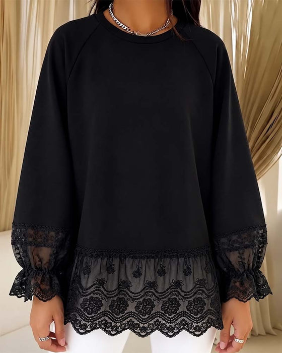 Patchwork Long Sleeve Crew Neck Blouse