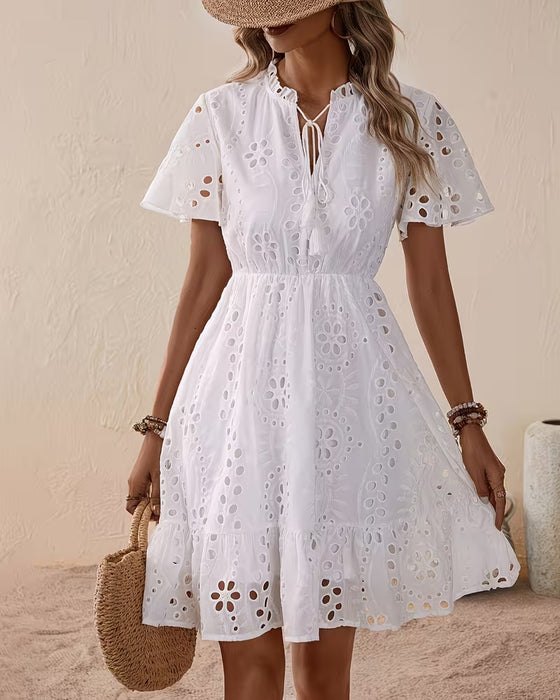 V-Neck Cutout Drawstring Waist-Cinching Dress