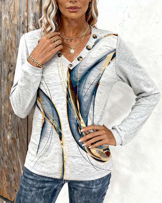 Printed V-Neck Long-Sleeved Casual Top