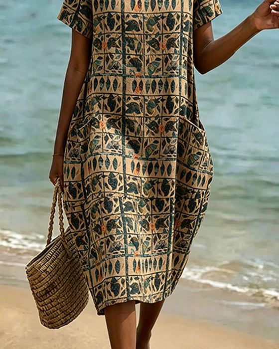 Vintage Crew Neck Pocket Dress