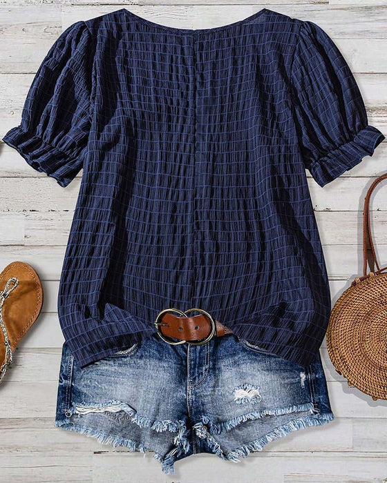 Puff-Sleeve Plaid Blouse
