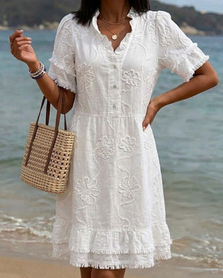 Stand Collar Half Placket Fringe Dress