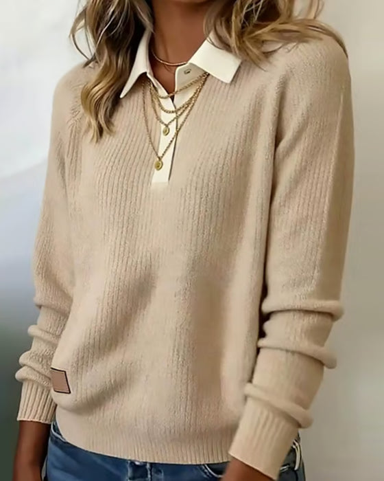 Lapel Patchwork Pullover Sweater
