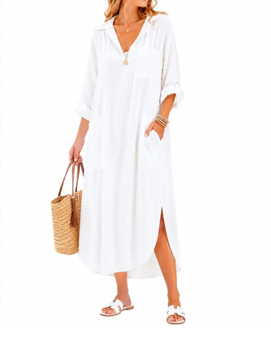 Lapel V-Neck Pocket Slit Dress