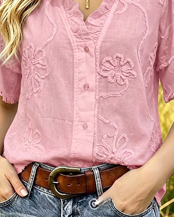 Fringed Hem Puff Sleeve Blouse