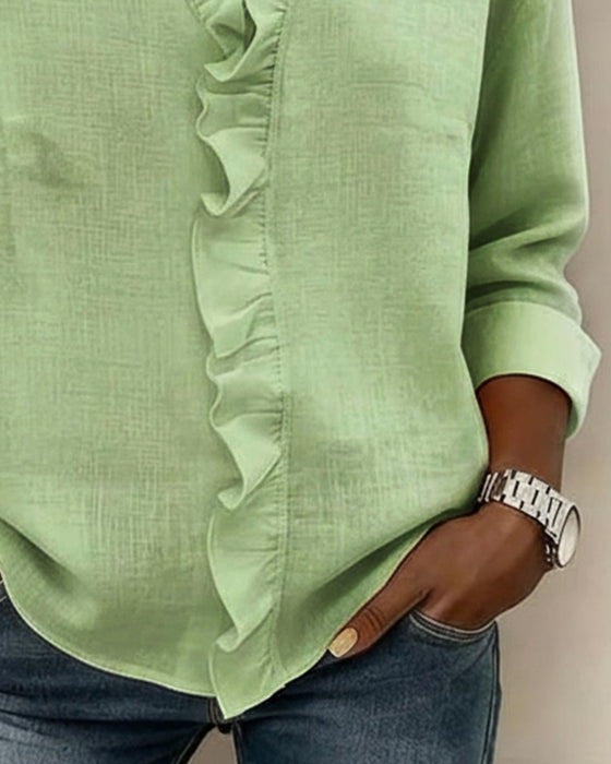 Ruffle V-Neck Long-Sleeve Blouse