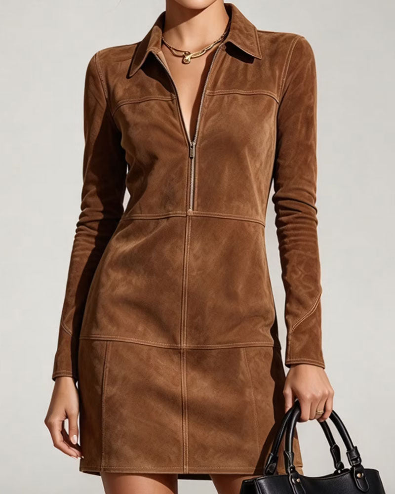 Lapel Zipper Long Sleeve Dress