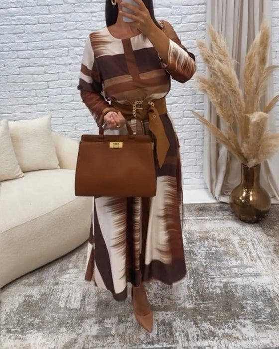 Retro contrast color round neck long sleeve dress