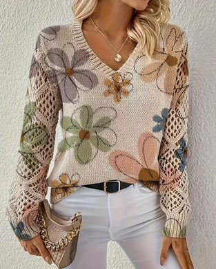 V-Neck Openwork Knit Sweater