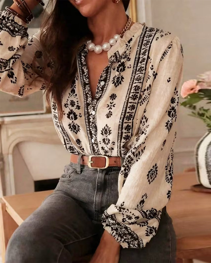Floral Print Elegant Long-Sleeved Blouse