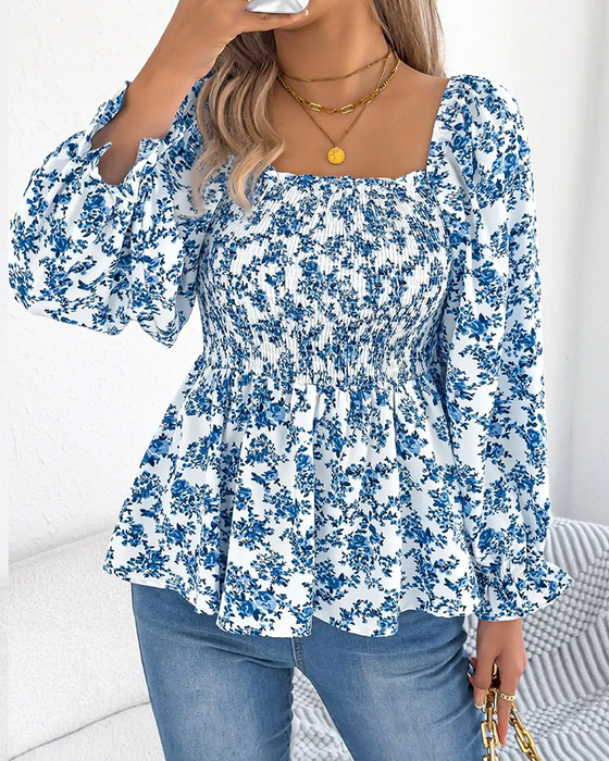 Square Neck Smocked Floral Ruffle Blouse