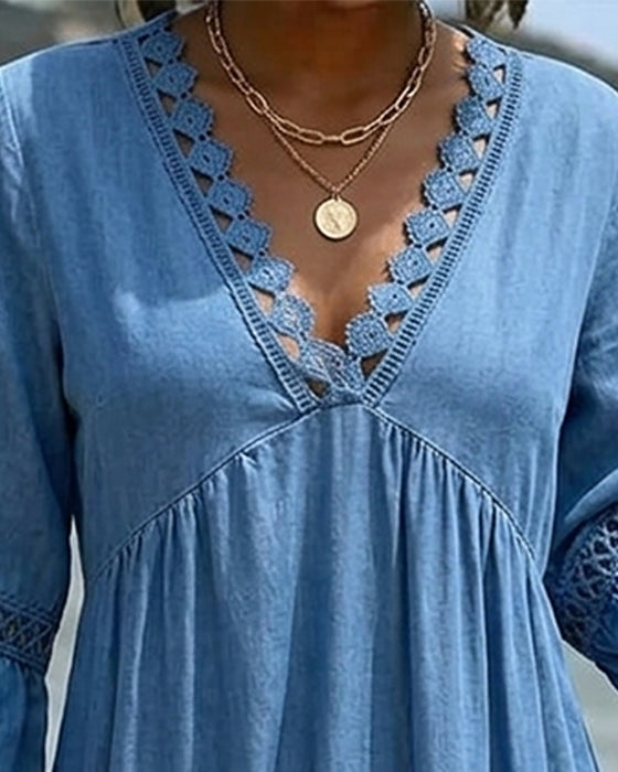 V-Neck Flared Sleeve Shirred Dress