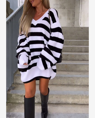 Contrast stripe v-neck casual knitted sweater dress