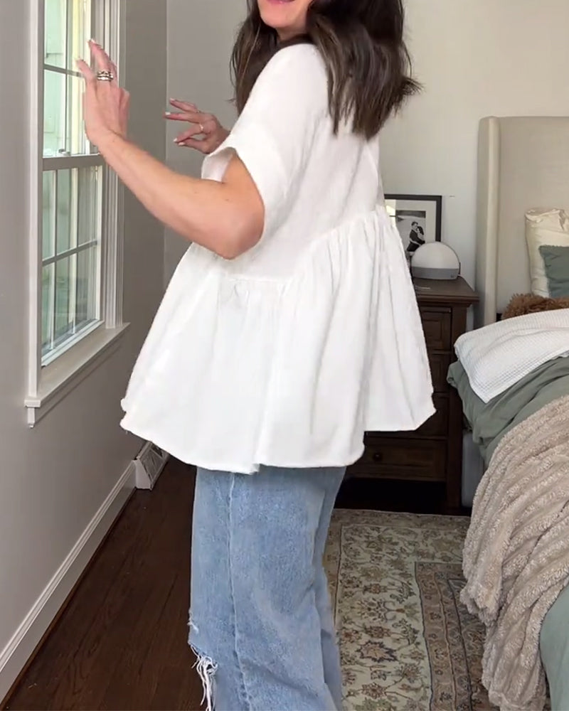 V-Neck Loose Solid Color Doll Blouses