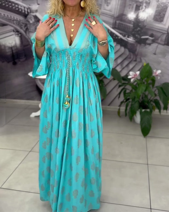 Loose Holiday Print Waist Maxi Dress