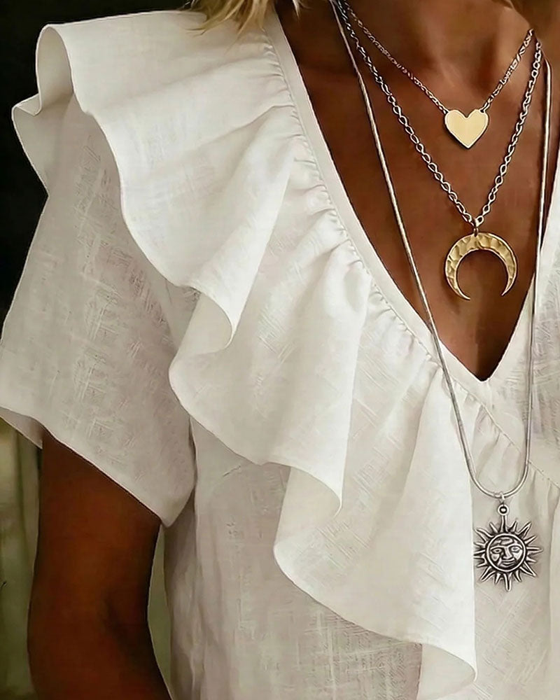 V-Neck Short-Sleeve Ruffled Blouse