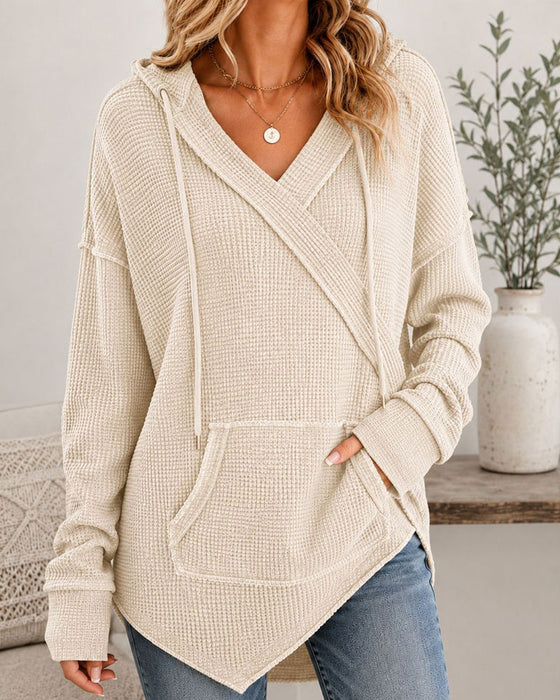 Waffle Drawstring Pocket Hoodie