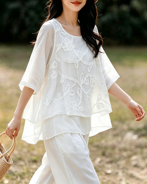 Solid Color Round Neck Blouse