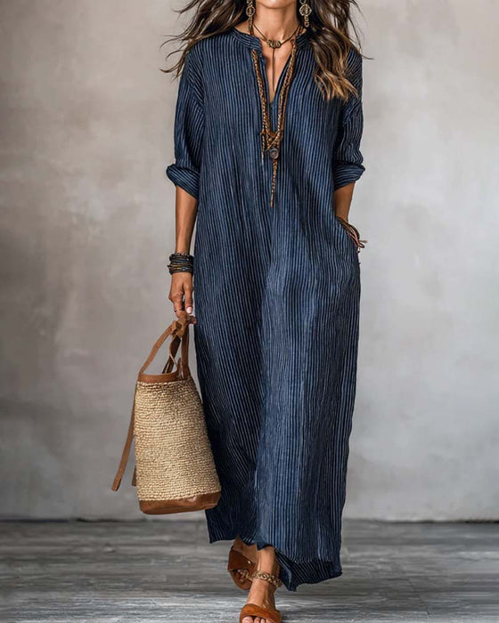 V-Neck Striped Mock Neck Dress