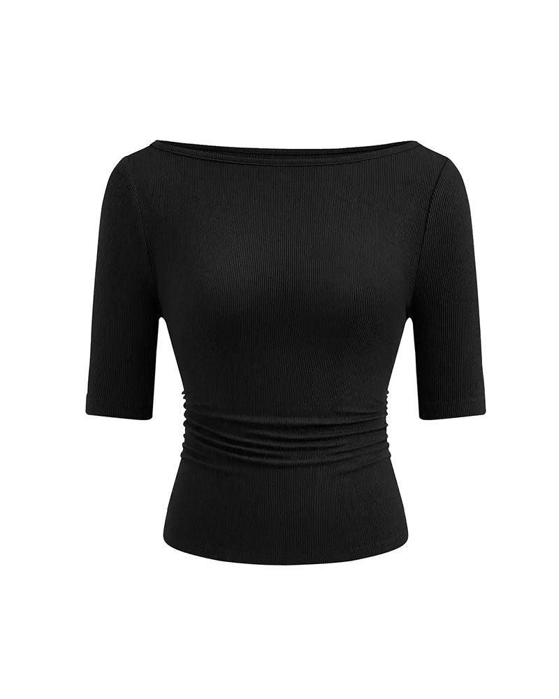 Off-Shoulder Knitted Solid Color T-Shirt
