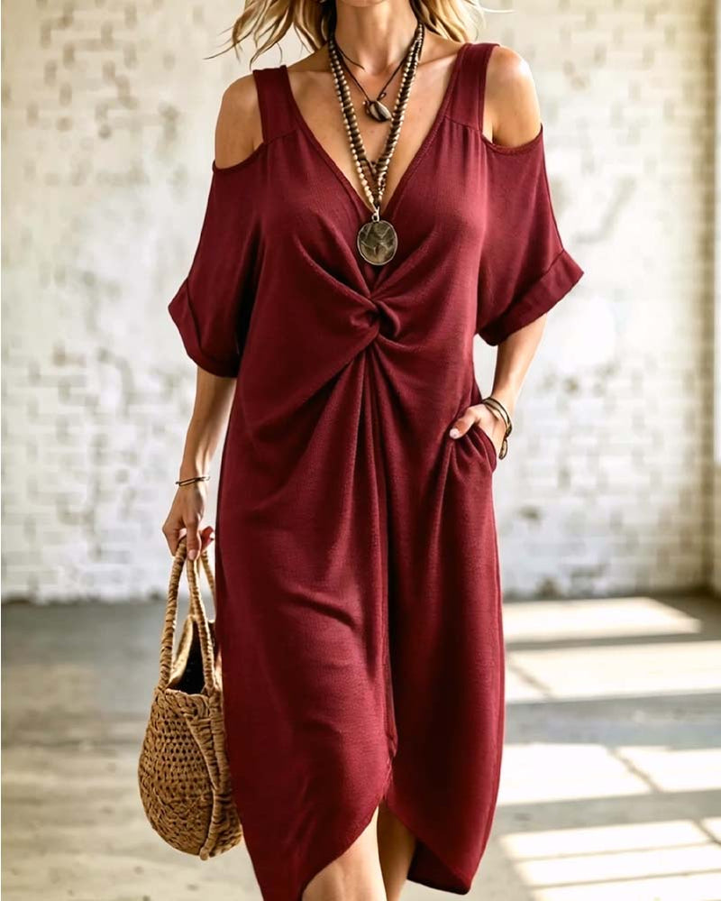Solid Color Cold Shoulder Shirred Dress