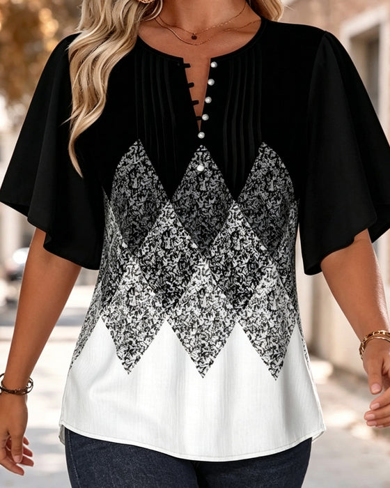 Diamond Grid Gradient Print V-Neck T-Shirt