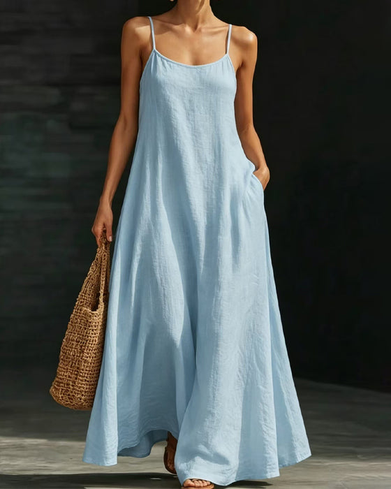 Solid Color Spaghetti Straps Pocket Long Dress