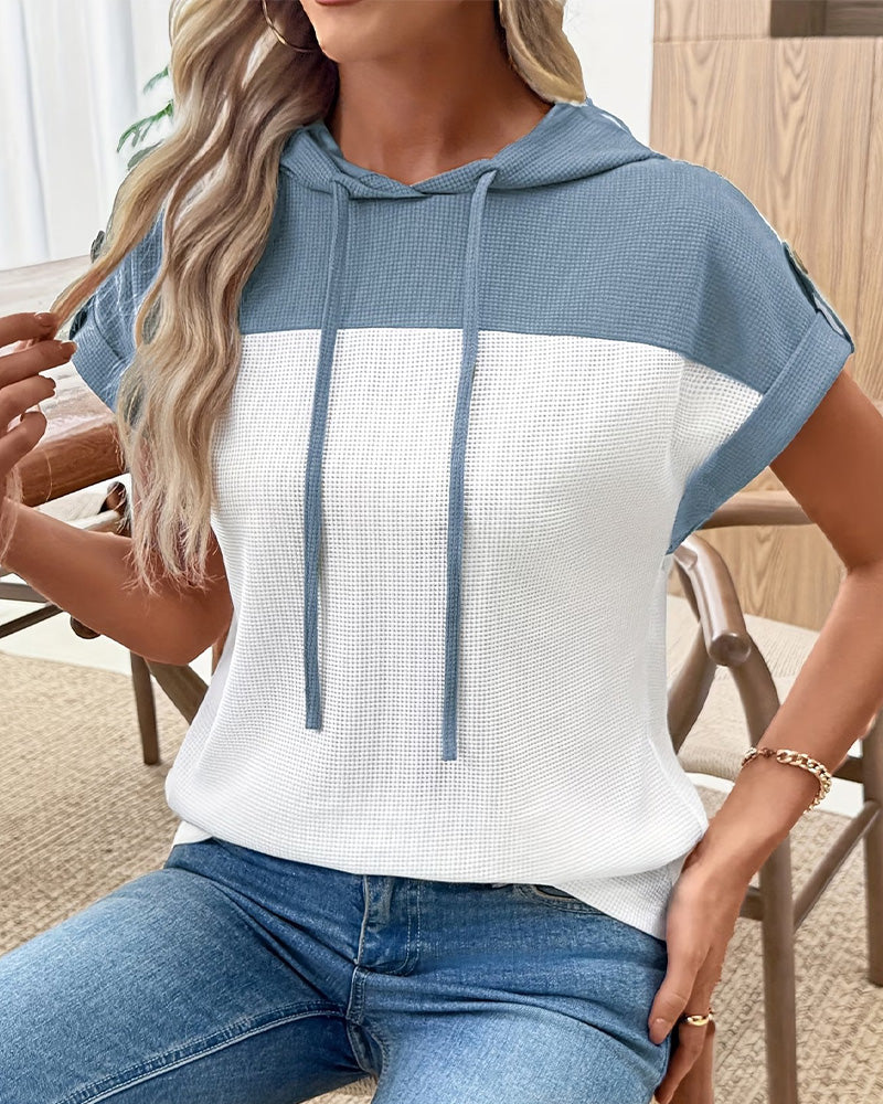 Hooded Waffle Color Block Top