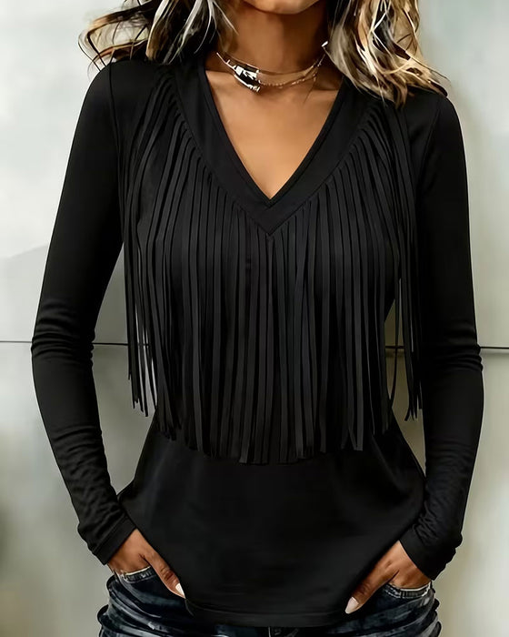 V-Neck Fringe Fitted Long Sleeve Top