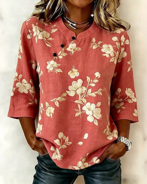 Flower Print Side Button 3/4 Sleeve Blouse