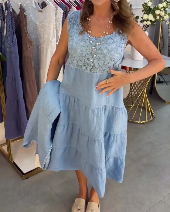 Crew Neck Sleeveless Lace Tiered Dress