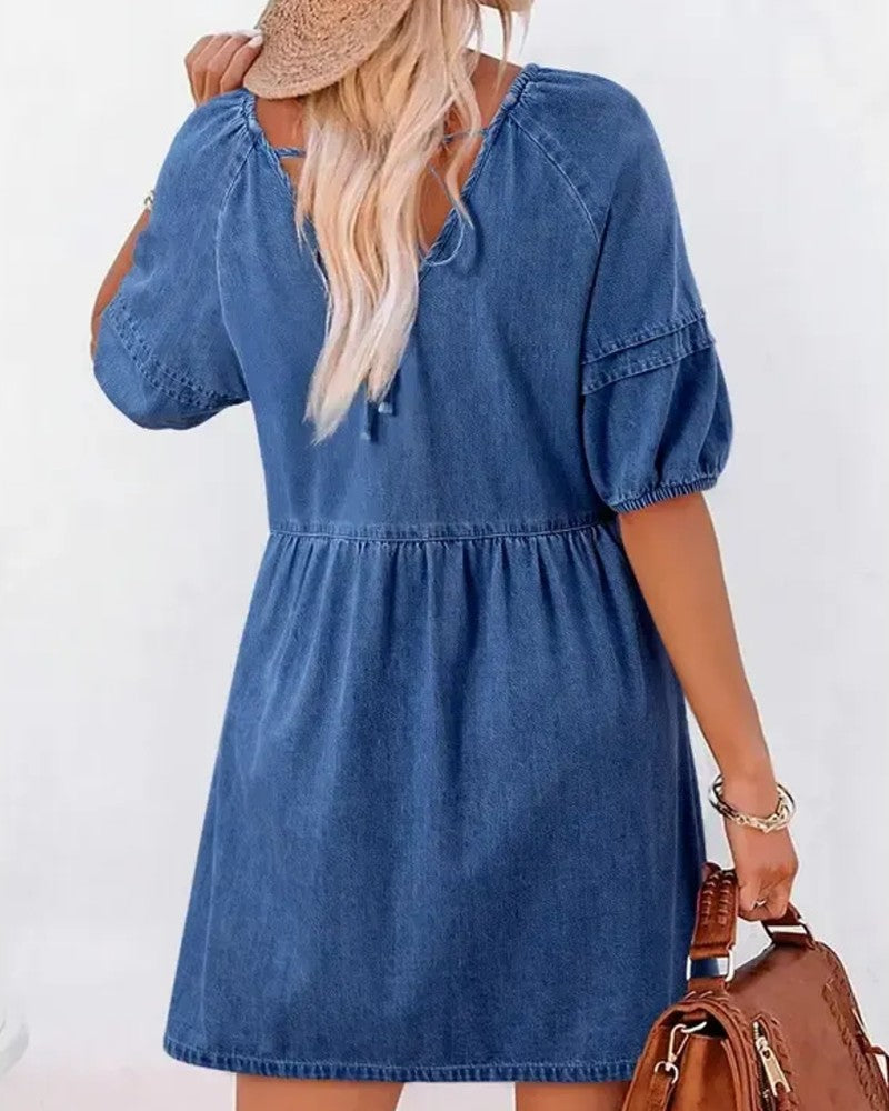 Denim V-Neck Puff Sleeve Dresses