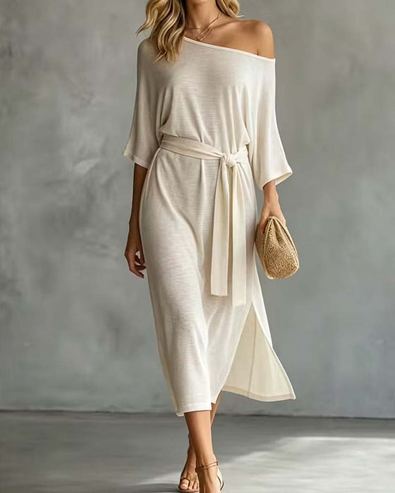 Off-Shoulder Tie Slit Dress